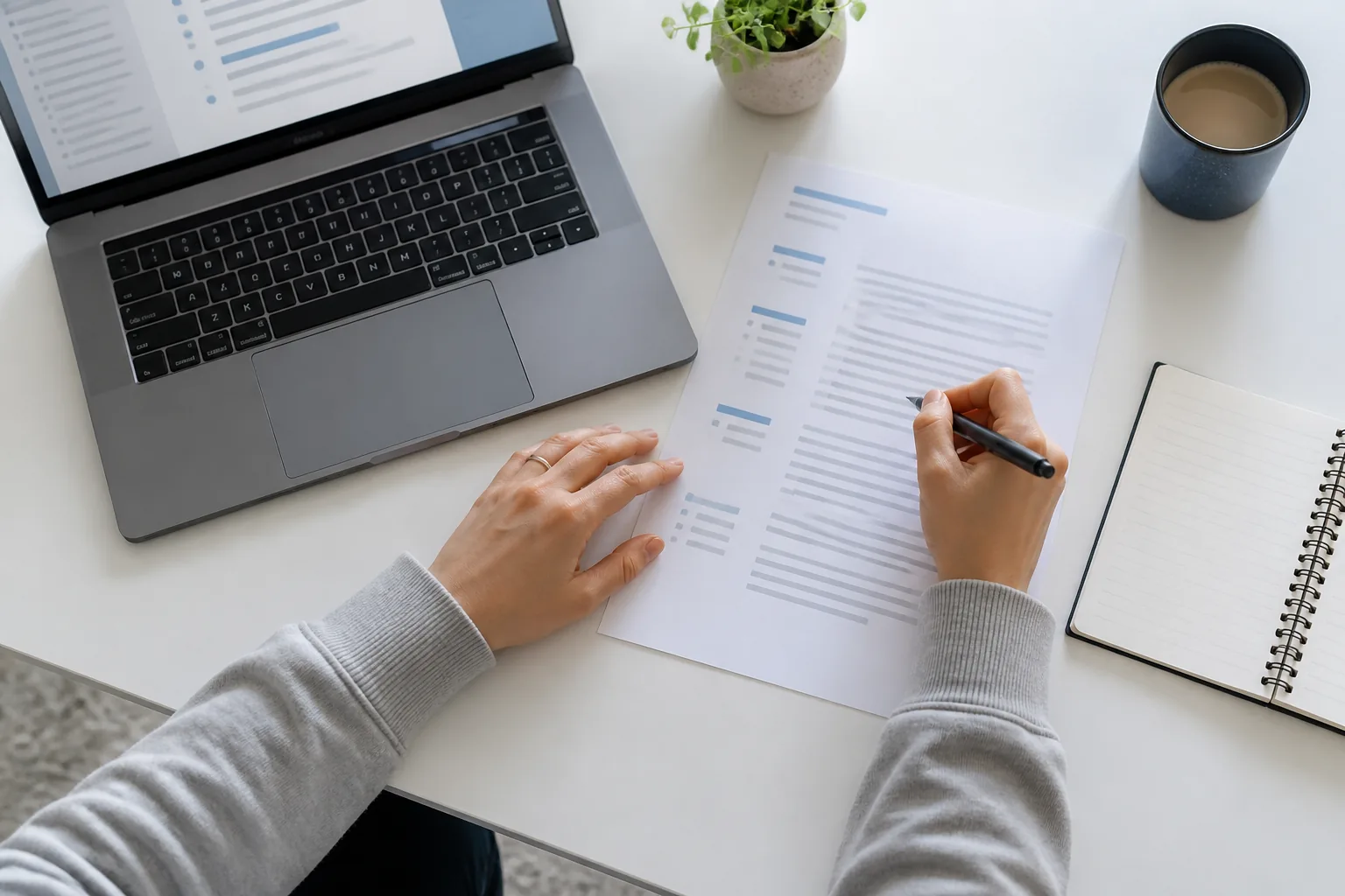 A professional editing a printed resume summary beside a laptop